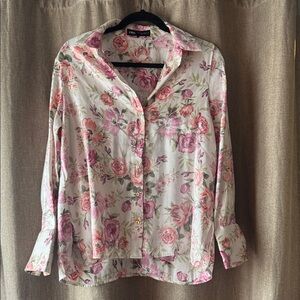 Zara Pink and Green Floral Shimmery Satin Button-down Shirt Long Sleeve